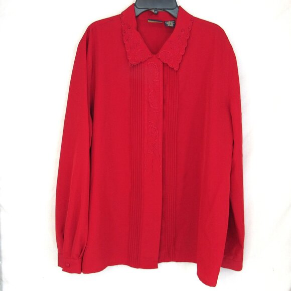 Laura Scott Women's Red Embroidered Hidden Buttons Long Sleeve Blouse Size 16 - Picture 1 of 10